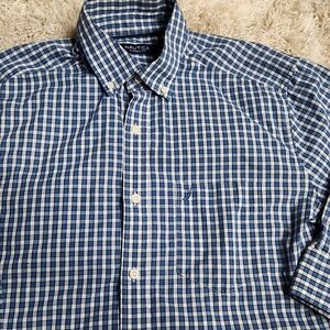 Mens Nautica Long Sleeve Button Down Dress Shirt Blue & White Check M
